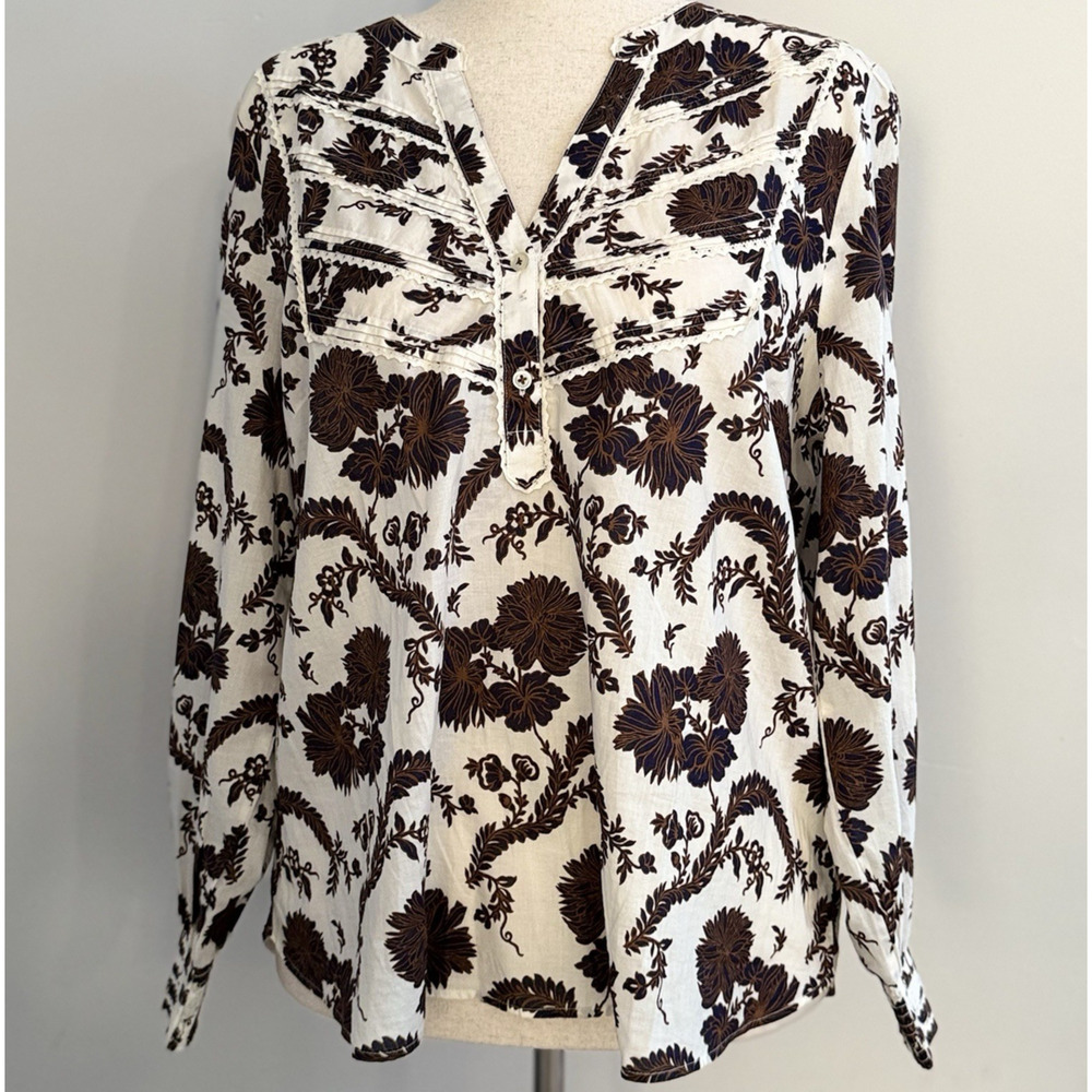 Talbots Petite XL Boho Floral Pintuck Lace Cotton Blouse Romantic Cottagecore